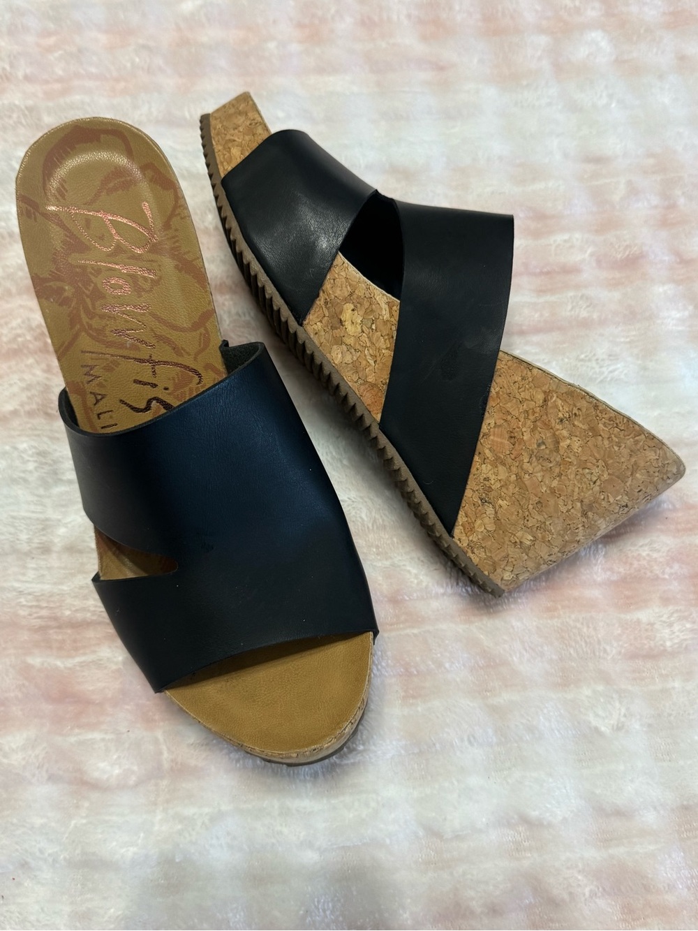 Blowfish Black Leather Cork Wedge Slide Sandals